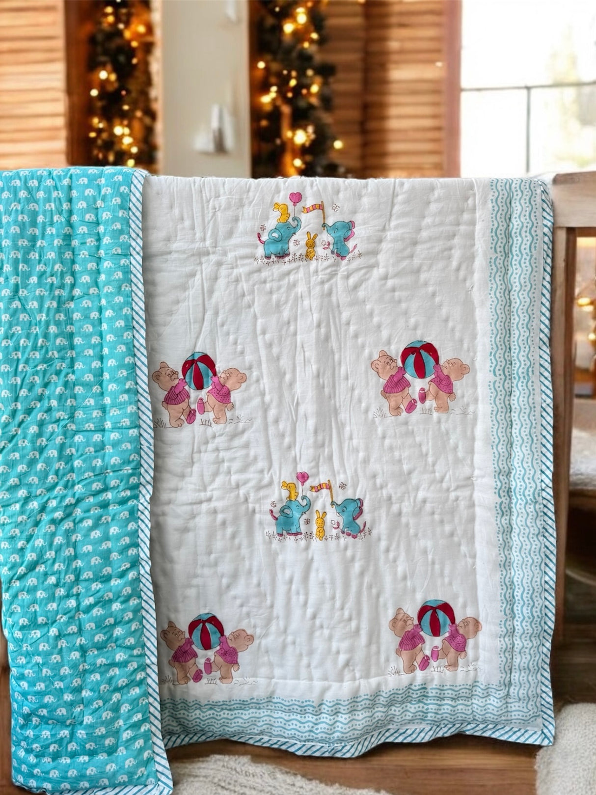 eco friendly soft baby quilt with teddy bears playing ball and elephants ideal for return gifting in Canada and UAE