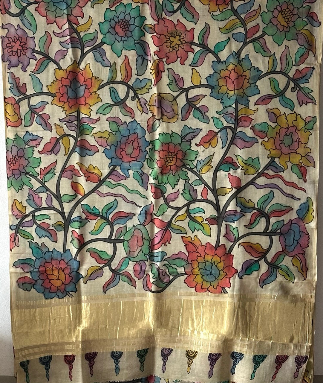 Bestselling Floral Pure Gajji Silk Kalamkari Saree with Colourful and Vibrant Flowers