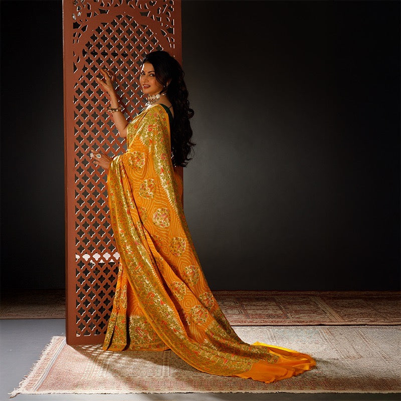 Mango Yellow Floral Handloom Pure Banarsi Georgette Bandhani Saree