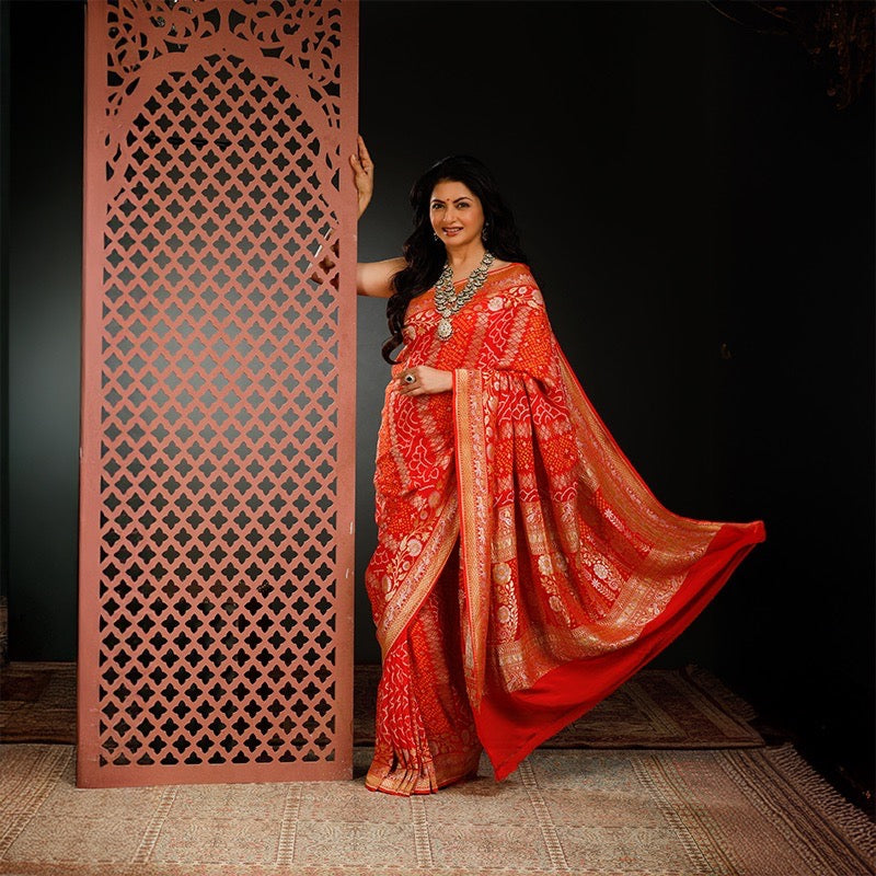 Radiant Orange Handloom Pure Banarsi Georgette Rai Bandhani Saree