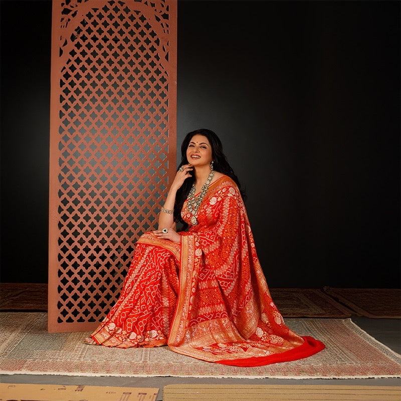 Radiant Orange Handloom Pure Banarsi Georgette Rai Bandhani Saree