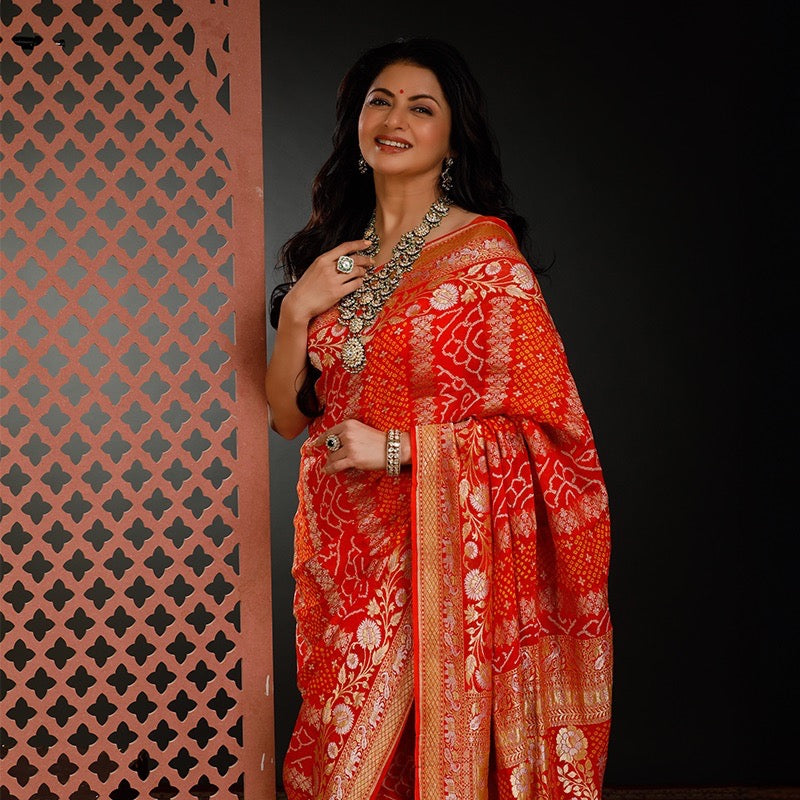 Radiant Orange Handloom Pure Banarsi Georgette Rai Bandhani Saree