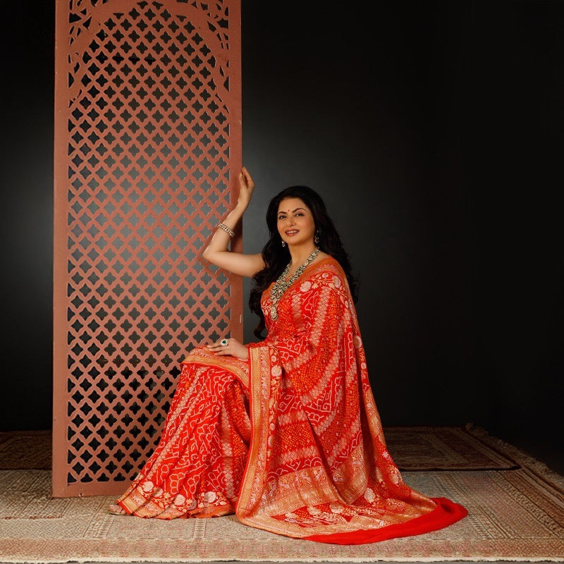 Radiant Orange Handloom Pure Banarsi Georgette Rai Bandhani Saree