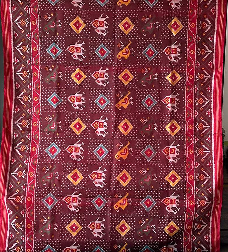 Evergreen Handloom Brown and Red Mulberry Silk Ikat Patola Saree with Animal Motif