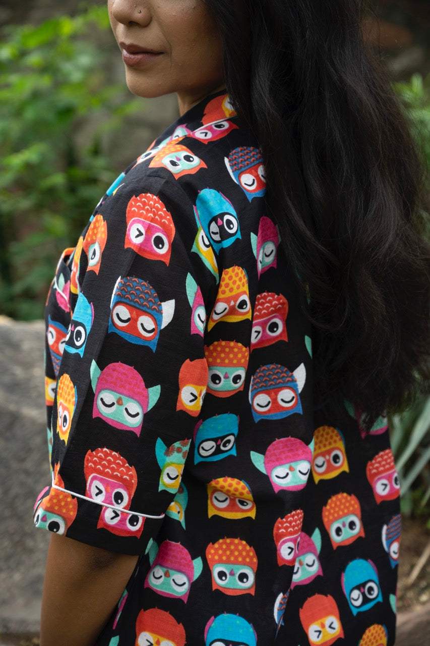 black-colourful-owl-theme-cotton-pajama-detailed-view