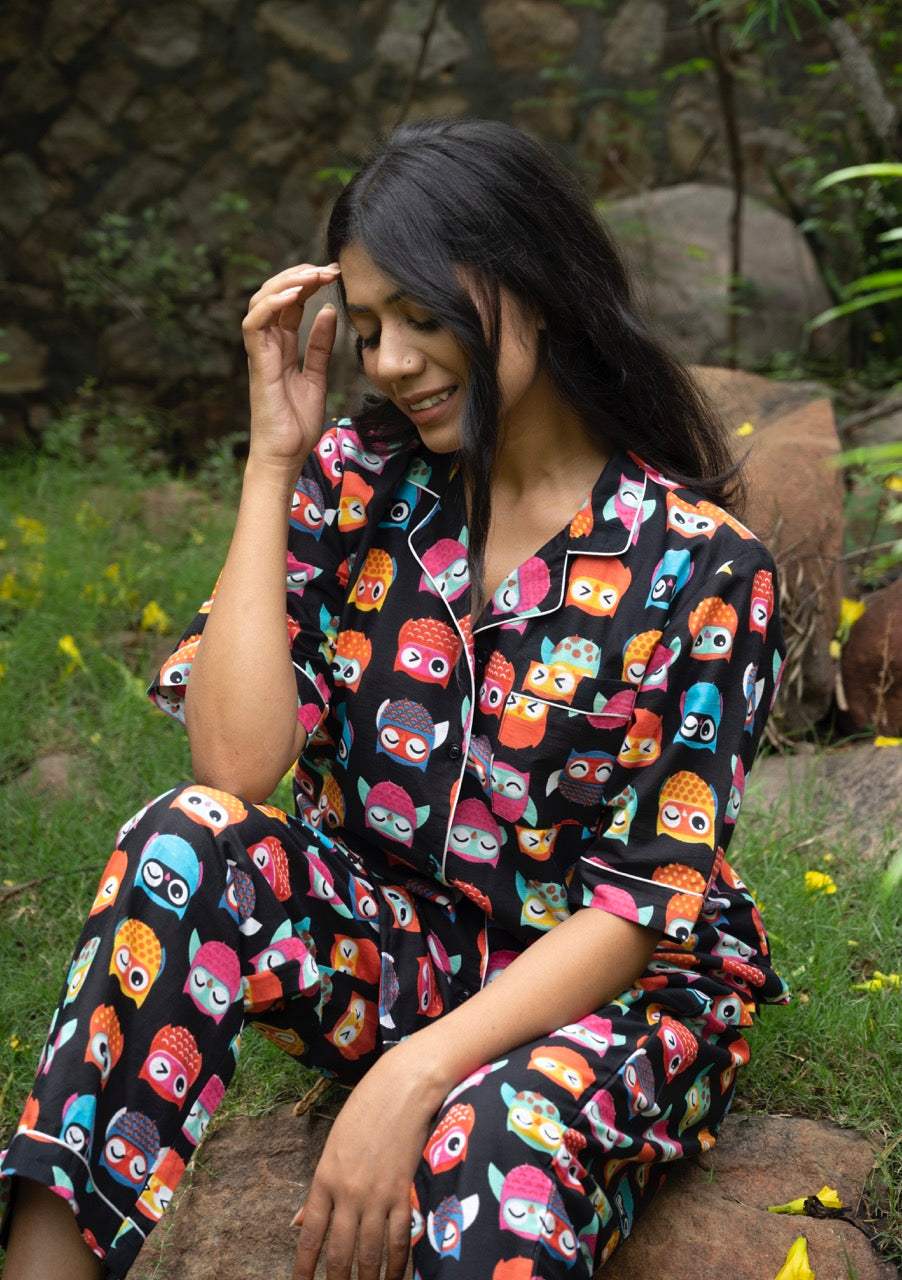 black-colourful-owl-theme-cotton-pajama-front-view