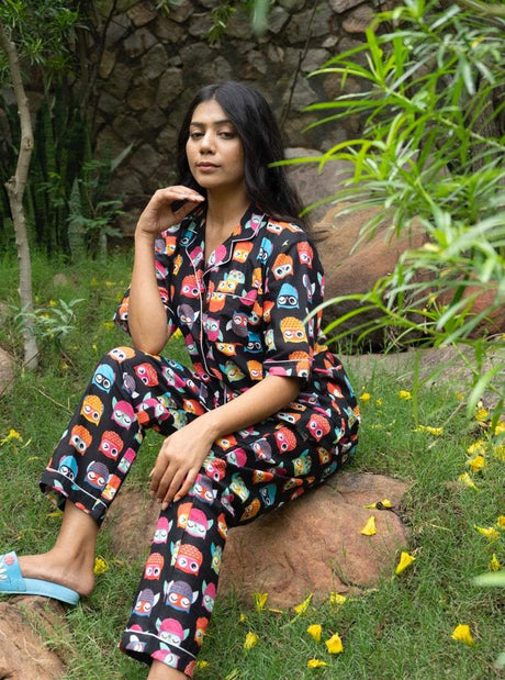 black-colourful-owl-theme-cotton-pajama-side-view
