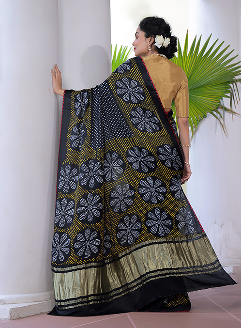 Black Floral Pure Gajji Silk Bandhani Saree