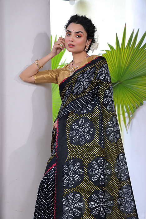 Black Floral Pure Gajji Silk Bandhani Saree