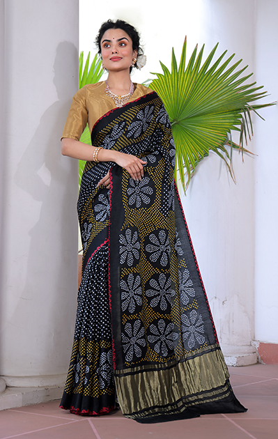 Black Floral Pure Gajji Silk Bandhani Saree