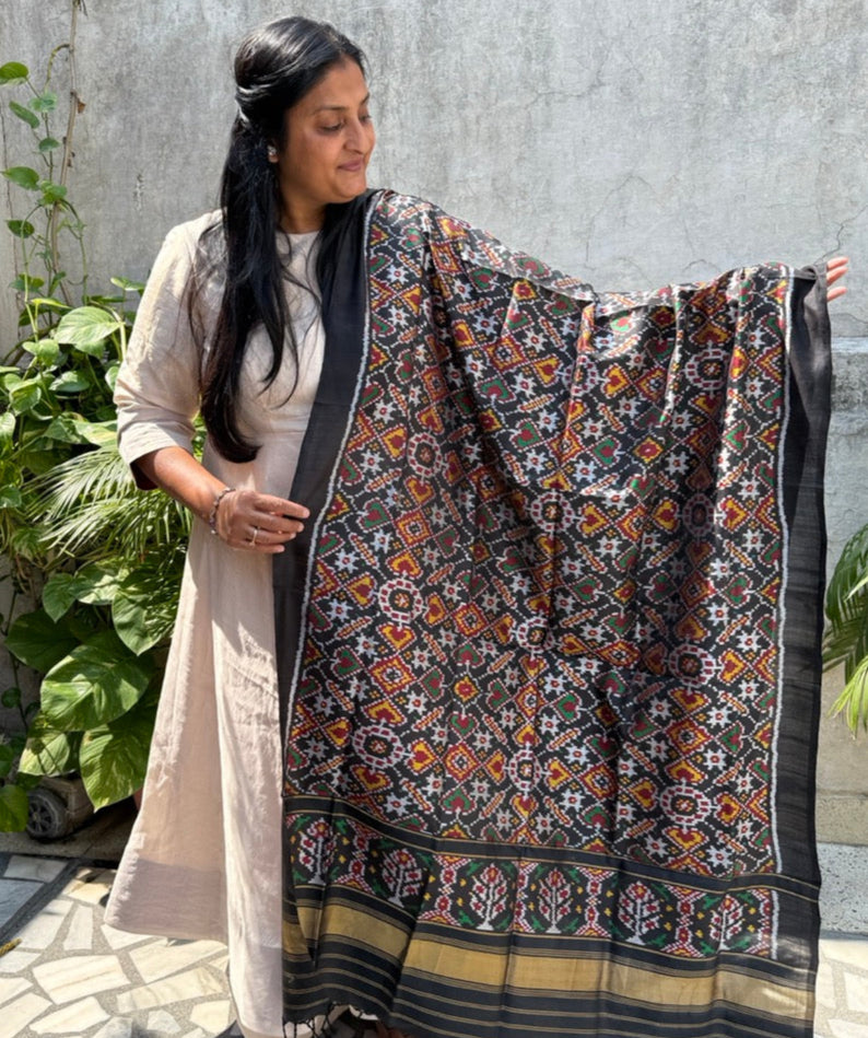 Handloom Black Mulberry Silk Ikat Patola Dupatta with Paan Bhaat Theme