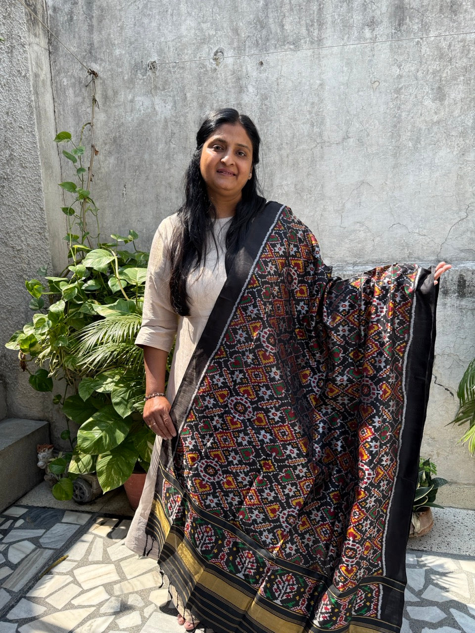 Handloom Black Mulberry Silk Ikat Patola Dupatta with Paan Bhaat Theme