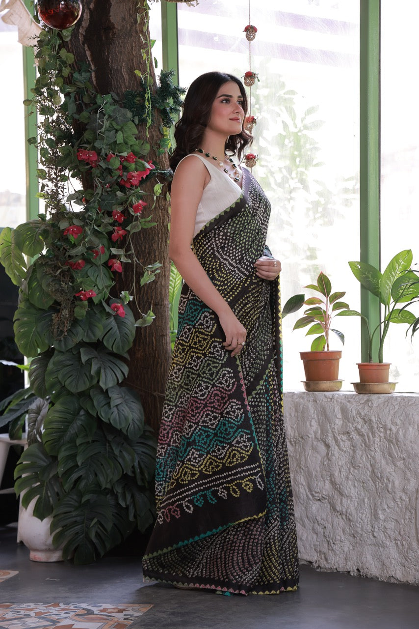 Black Floral Pure Munga Silk Bandhani Saree