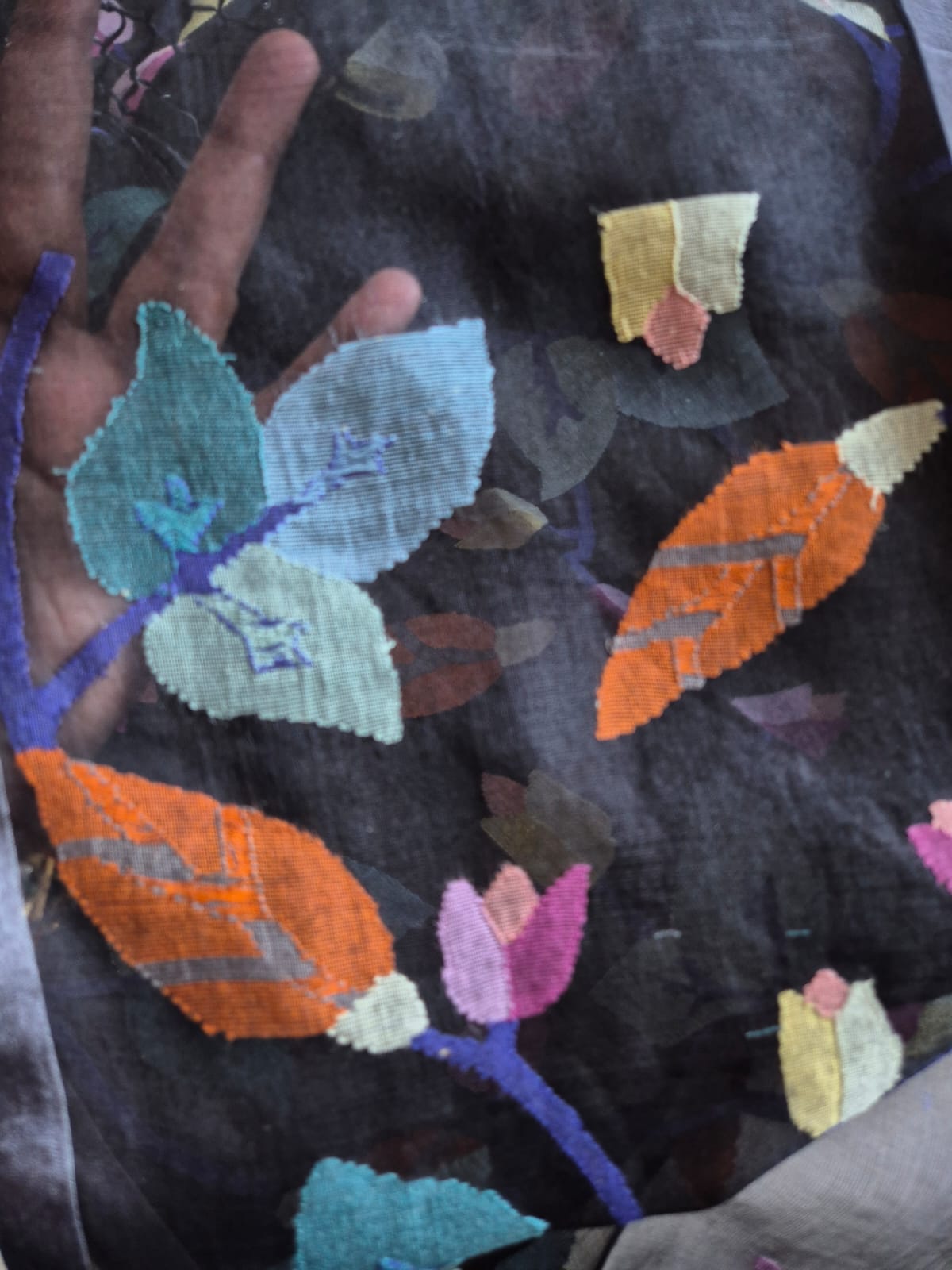 Multicoloured Leaves on a Handloom Black Muslin Silk Jamdani Dupatta