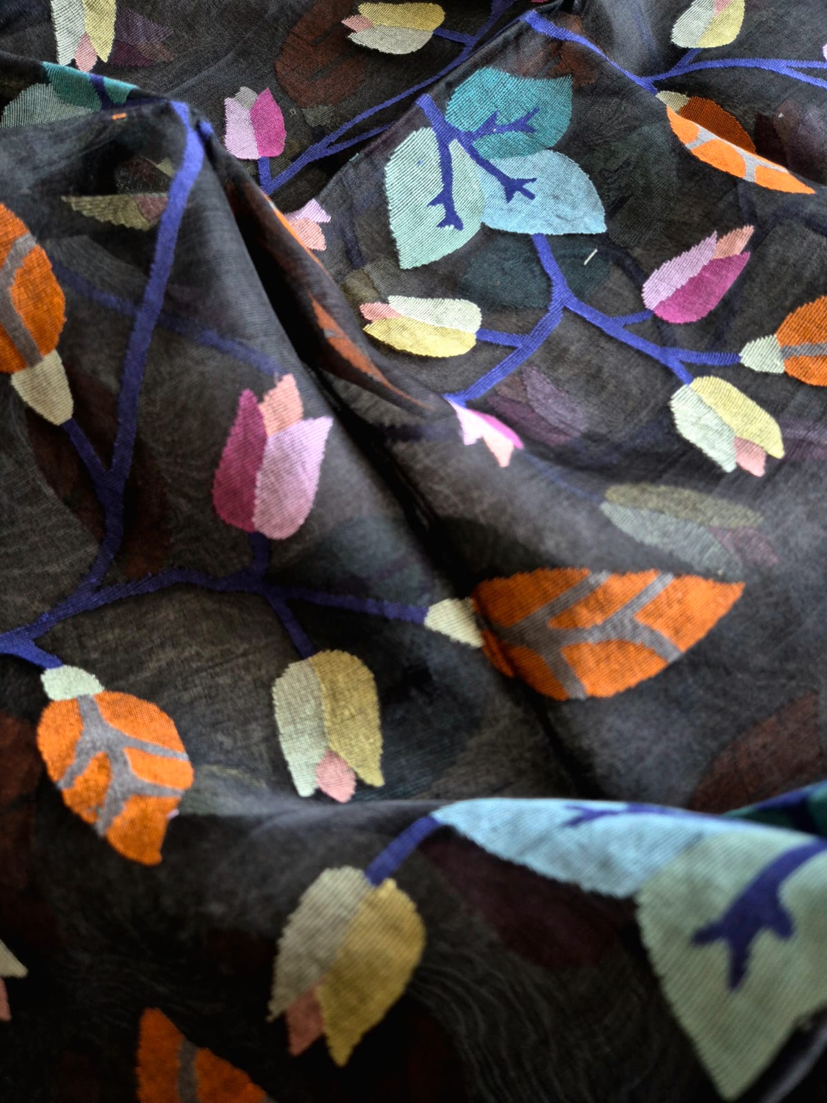 Multicoloured Leaves on a Handloom Black Muslin Silk Jamdani Dupatta