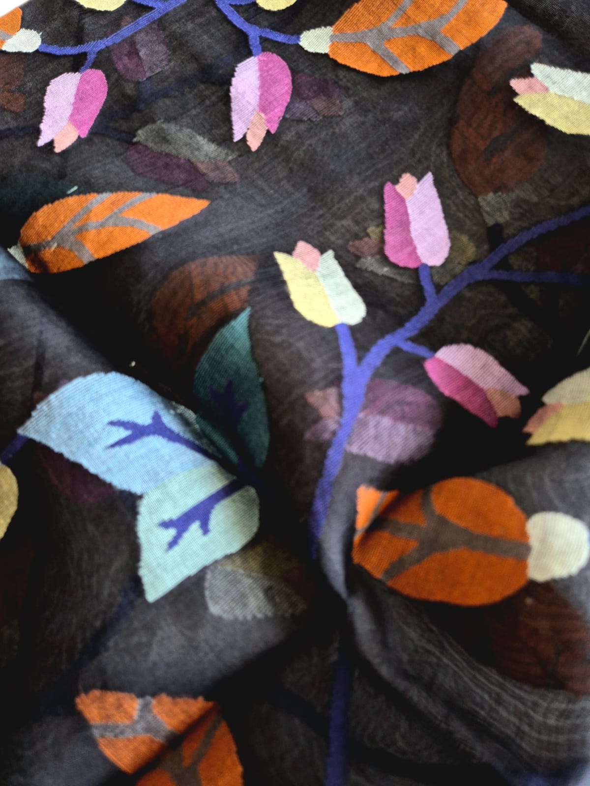 Multicoloured Leaves on a Handloom Black Muslin Silk Jamdani Dupatta