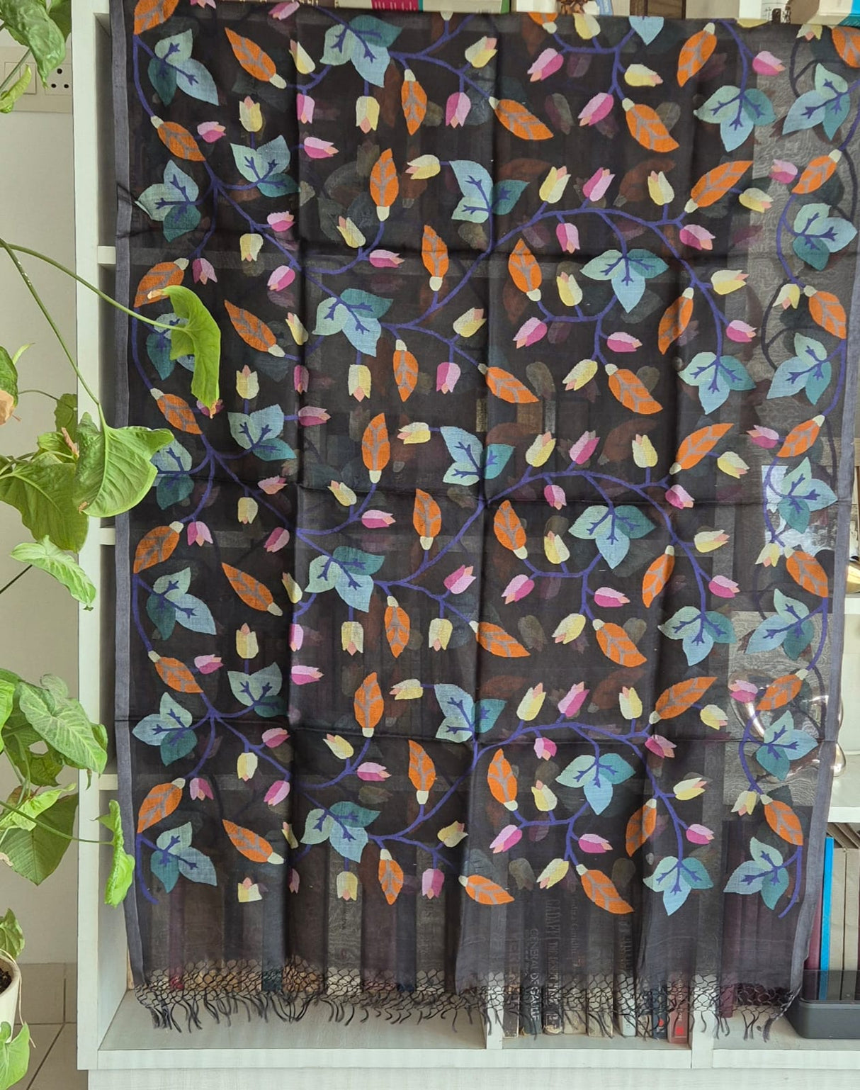 Multicoloured Leaves on a Handloom Black Muslin Silk Jamdani Dupatta