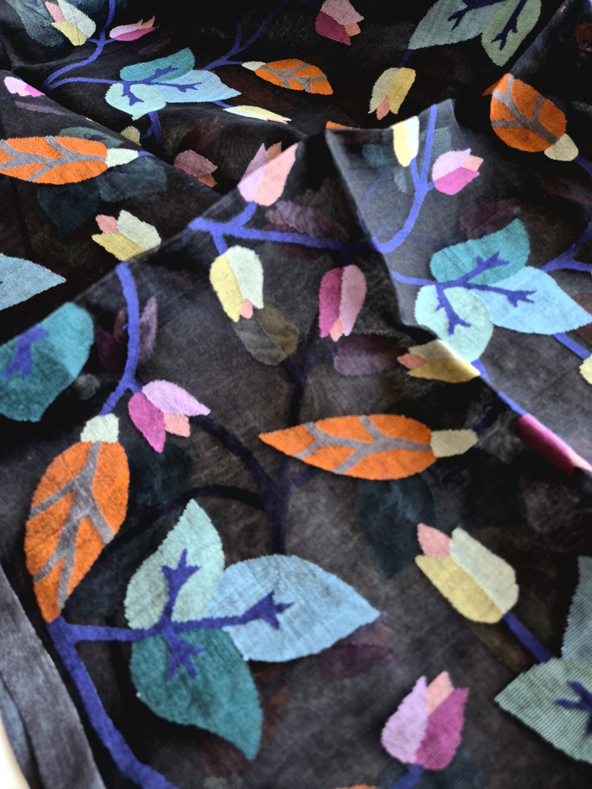 Multicoloured Leaves on a Handloom Black Muslin Silk Jamdani Dupatta