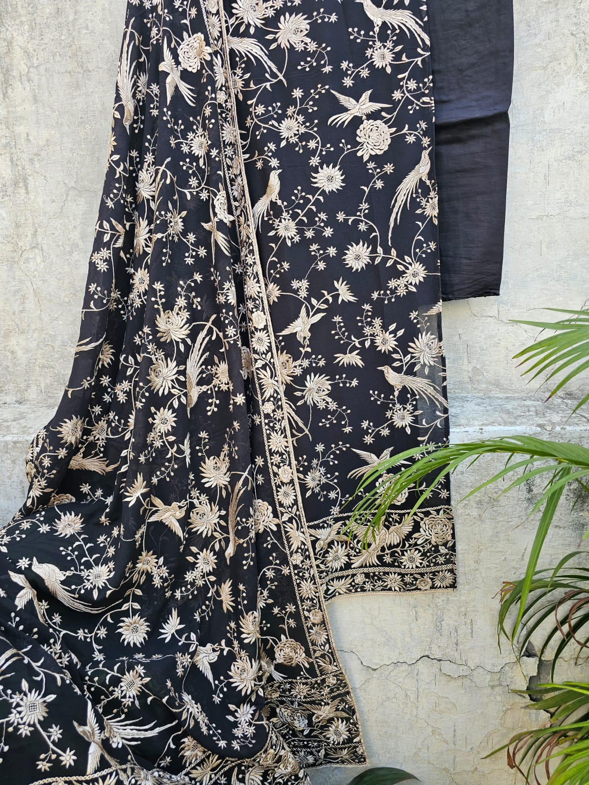 Beautiful Black Parsi Gara Inspired Georgette Unstitched Suit Set