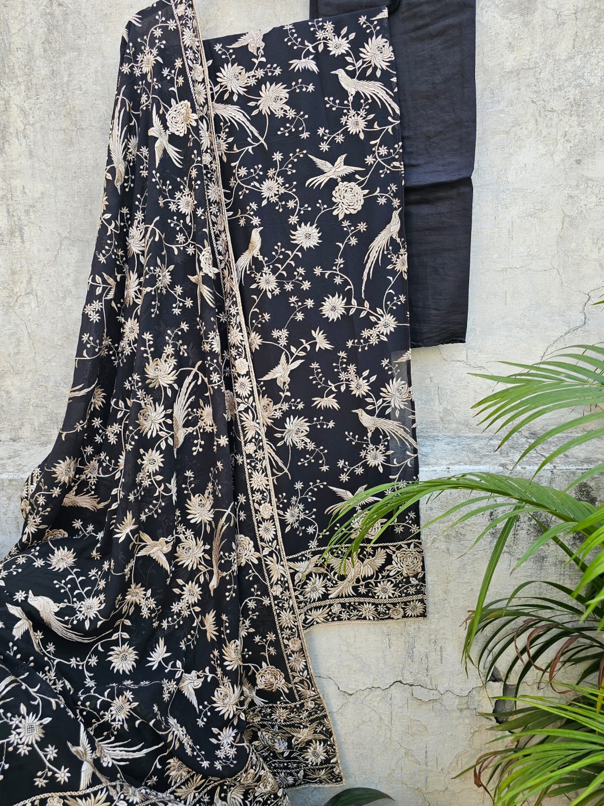 Beautiful Black Parsi Gara Inspired Georgette Unstitched Suit Set