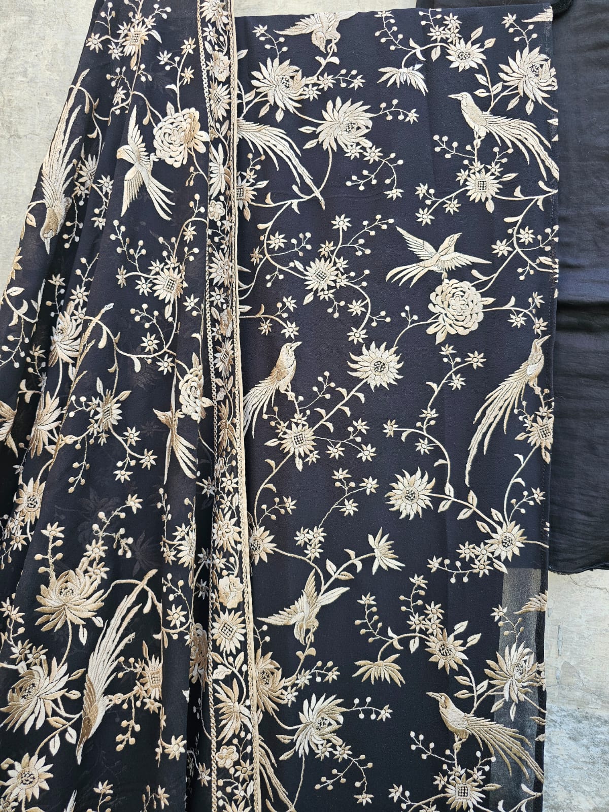 Beautiful Black Parsi Gara Inspired Georgette Unstitched Suit Set