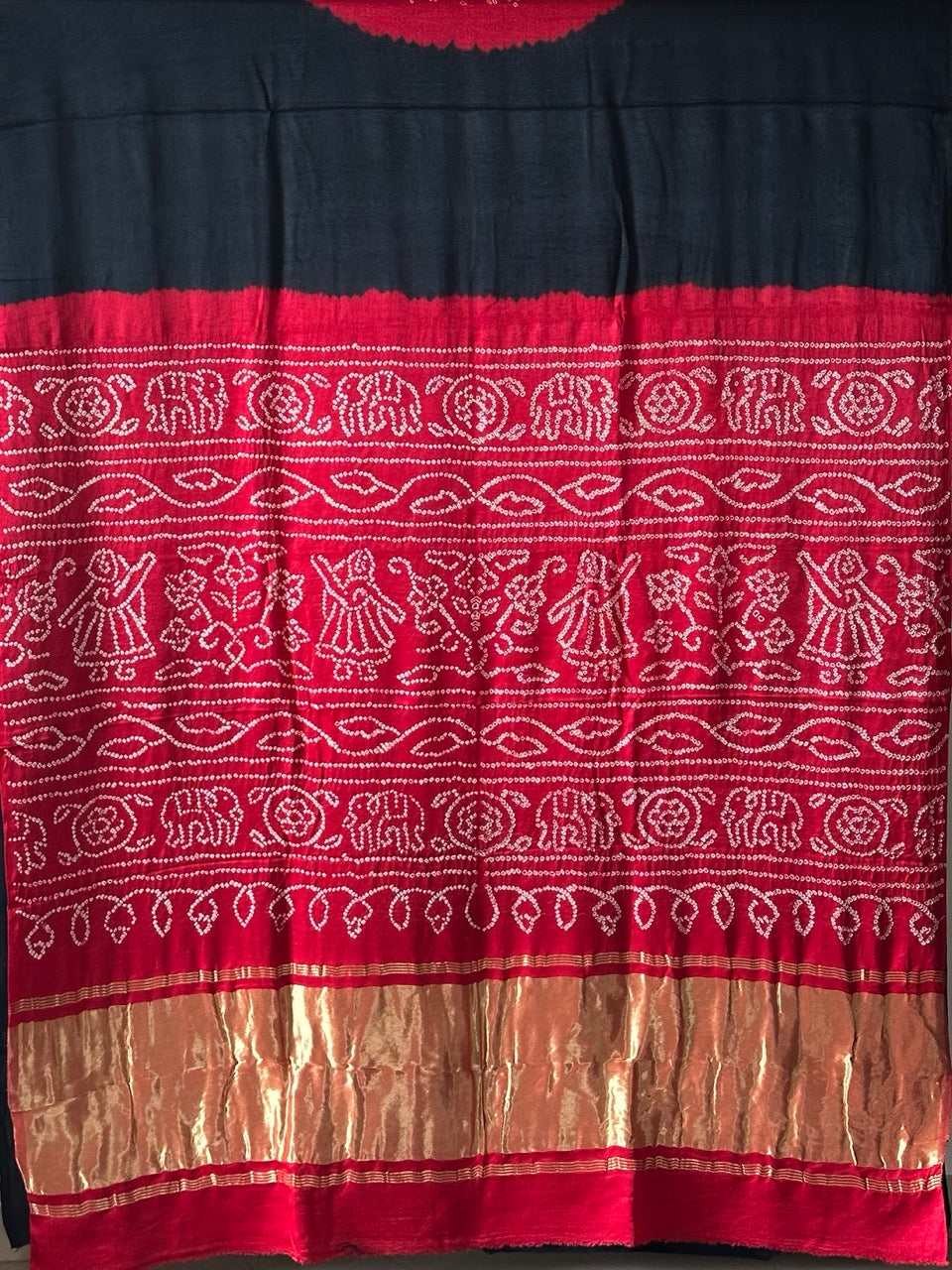 Black and Red Pure Gajji Silk Rasmandal Circle Bandhani Saree