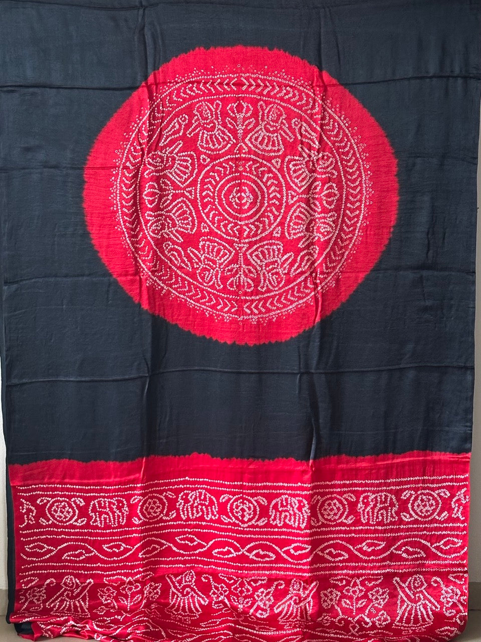 Black and Red Pure Gajji Silk Rasmandal Circle Bandhani Saree