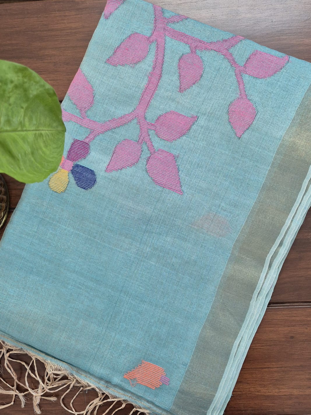 Blue Base with Pink Stems Handloom Tissue Silk Saree with Jamdani weaving