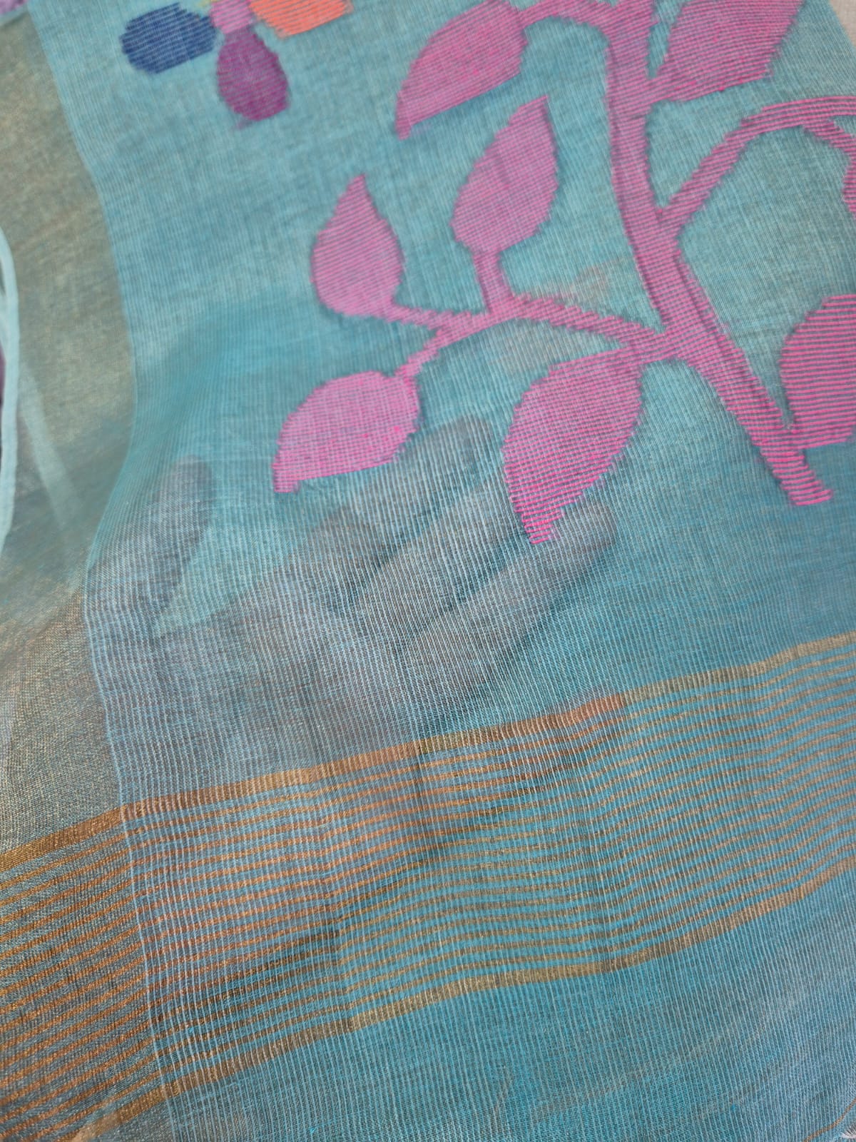 Blue Base with Pink Stems Handloom Tissue Silk Saree with Jamdani weaving