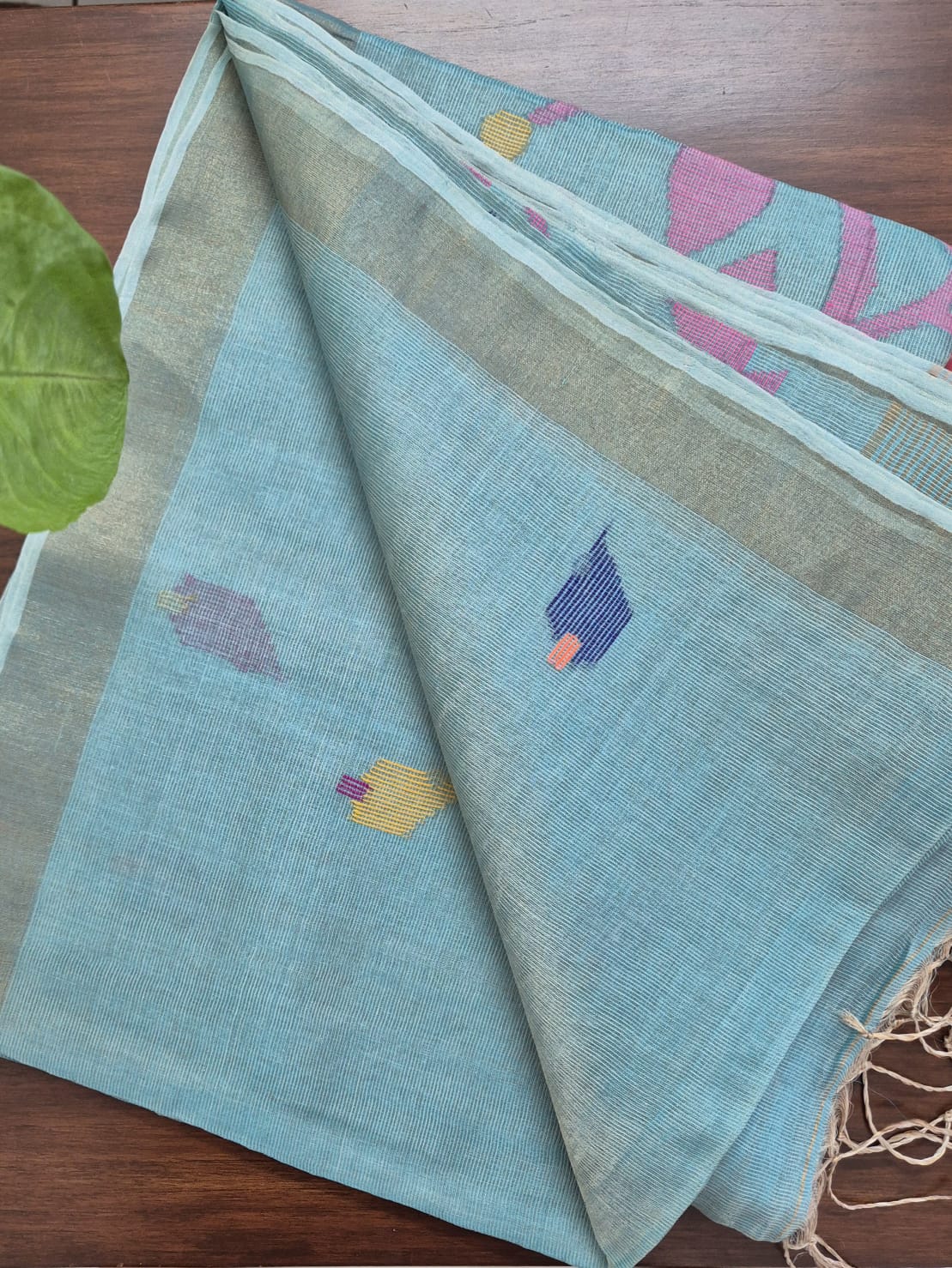 Blue Base with Pink Stems Handloom Tissue Silk Saree with Jamdani weaving