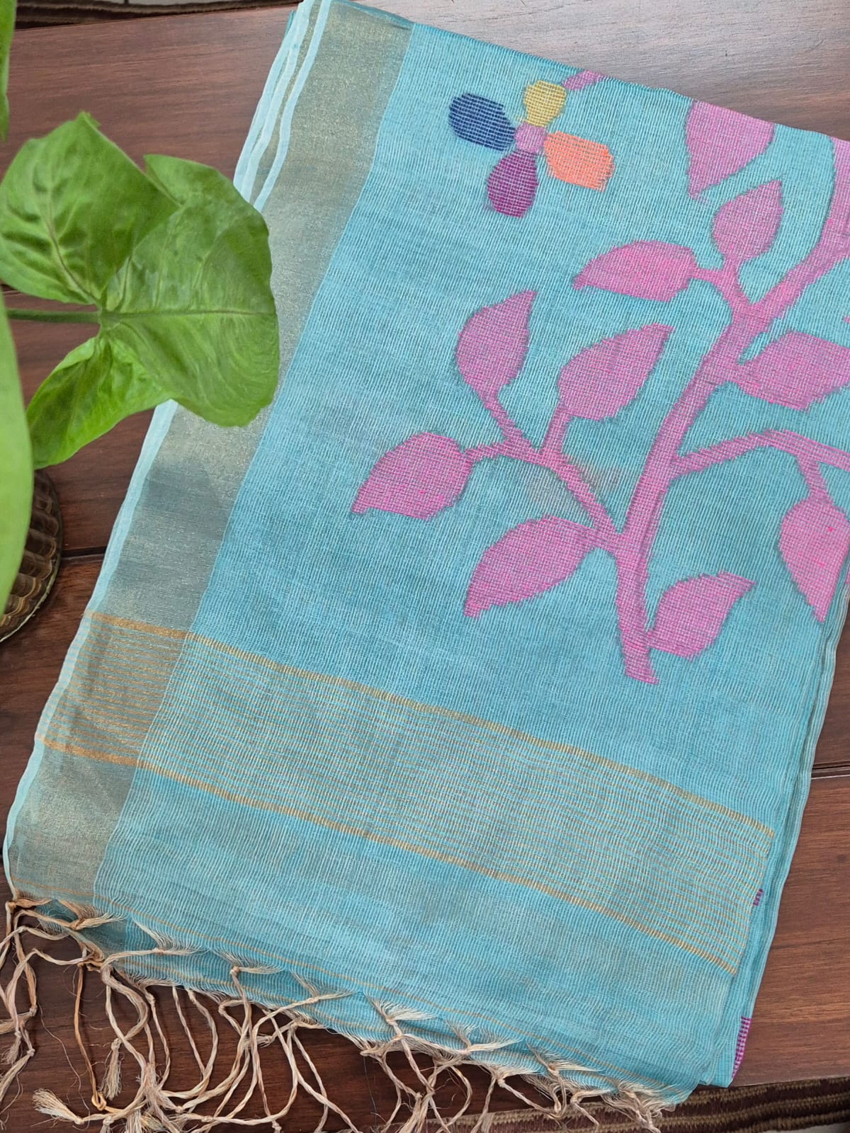 Blue Base with Pink Stems Handloom Tissue Silk Saree with Jamdani weaving
