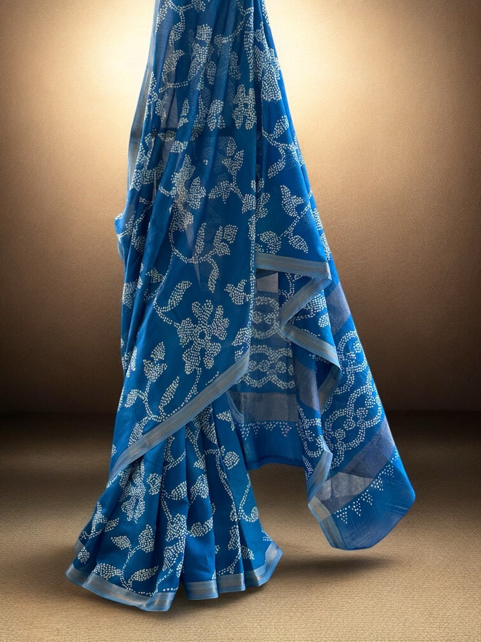 Blue Chiniya Silk Floral Pattern Bandhani Saree