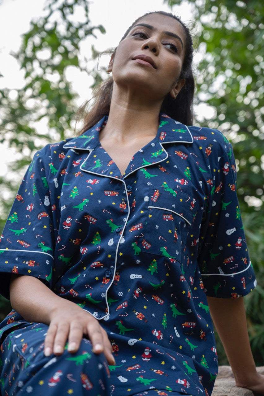 blue-christmas-theme-cotton-pajama-front-view