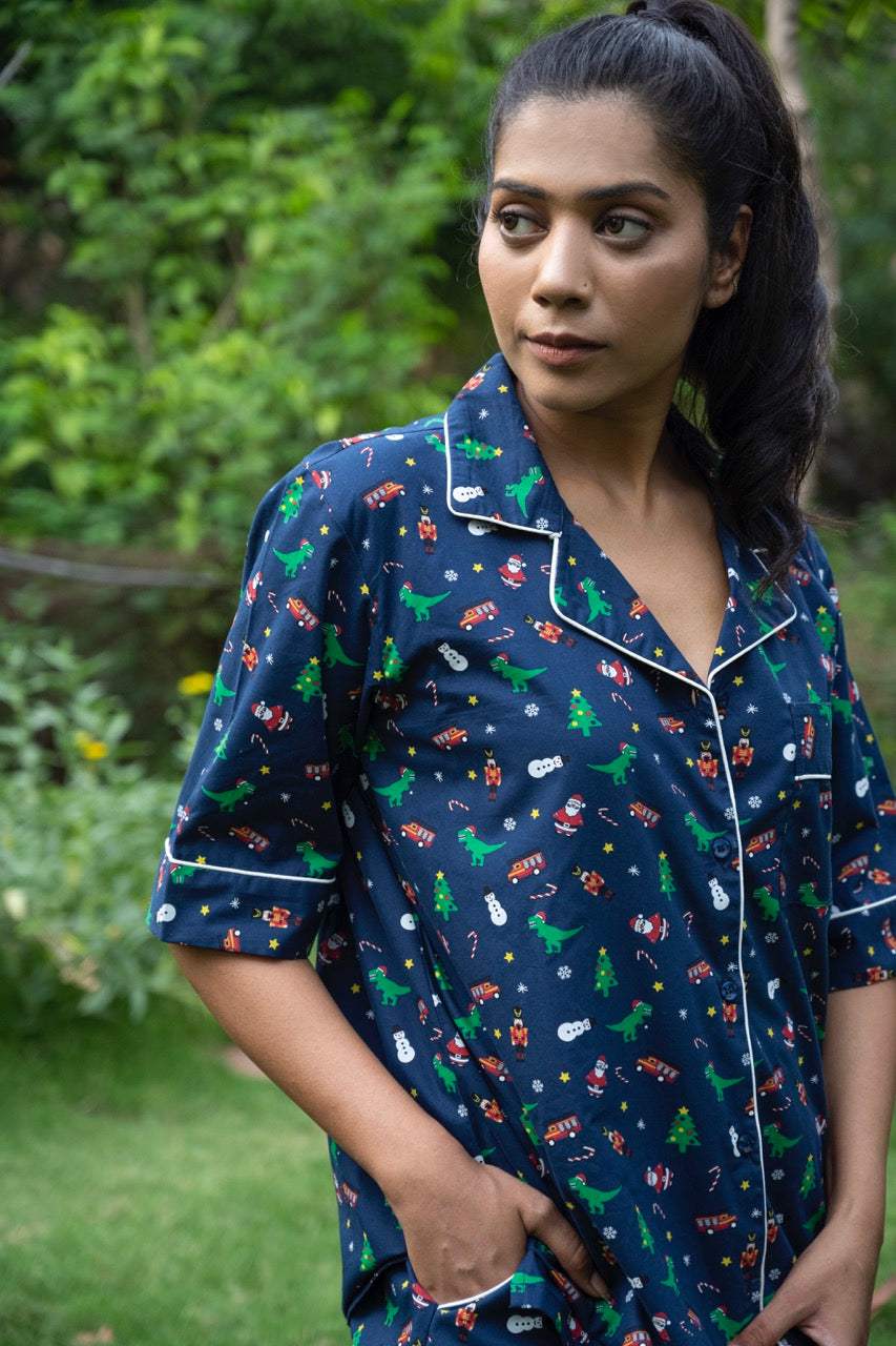 blue-christmas-theme-cotton-pajama-top-view