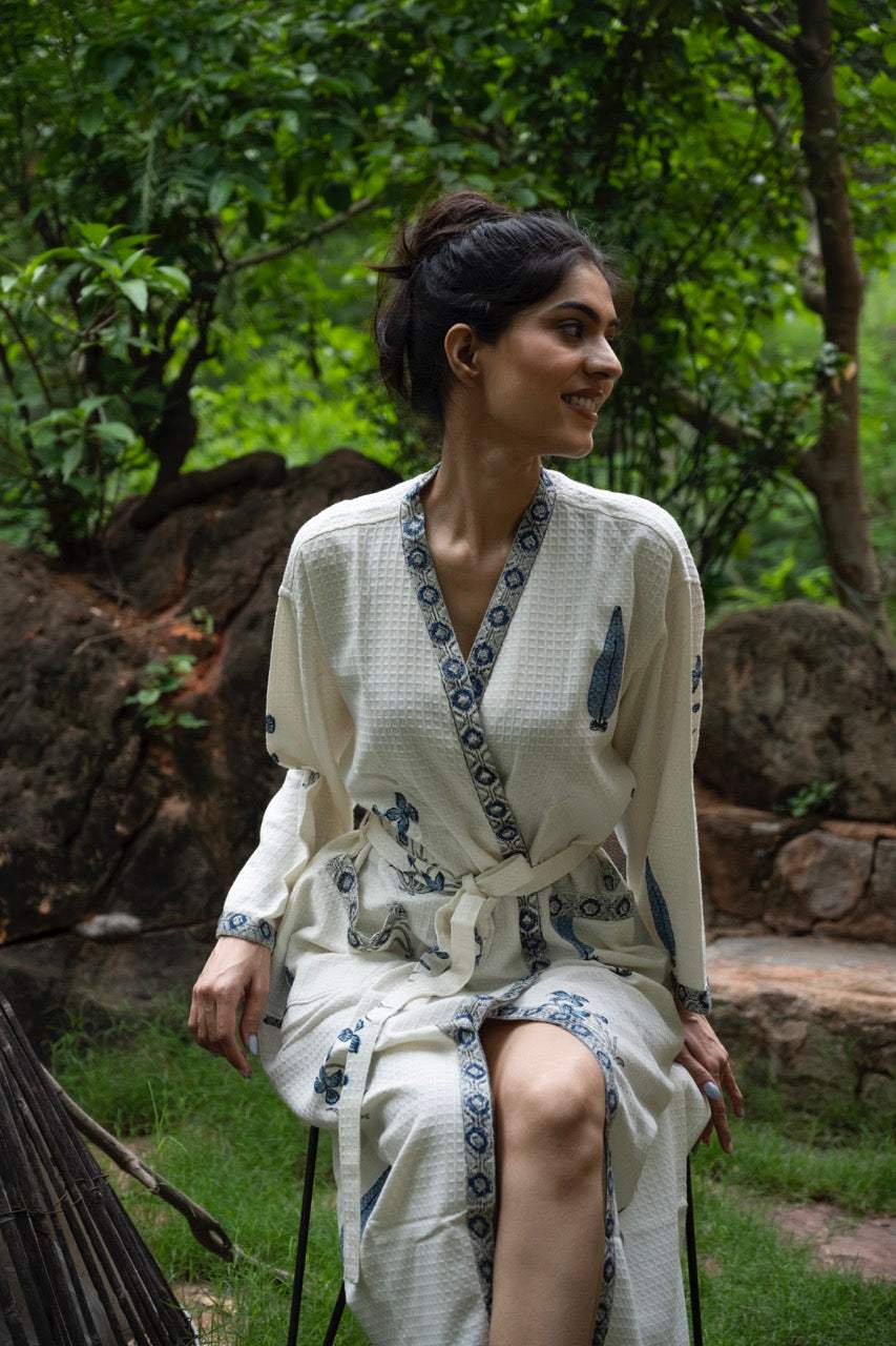 blue-flower-cotton-waffle-bathrobe-front-angled-view