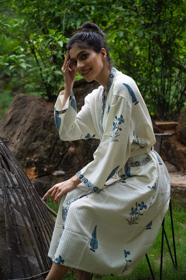 blue-flower-cotton-waffle-bathrobe-front-view
