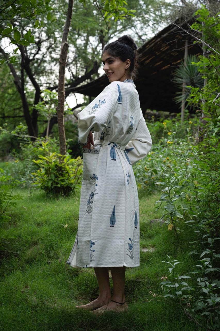blue-flower-cotton-waffle-bathrobe-side-angled-view