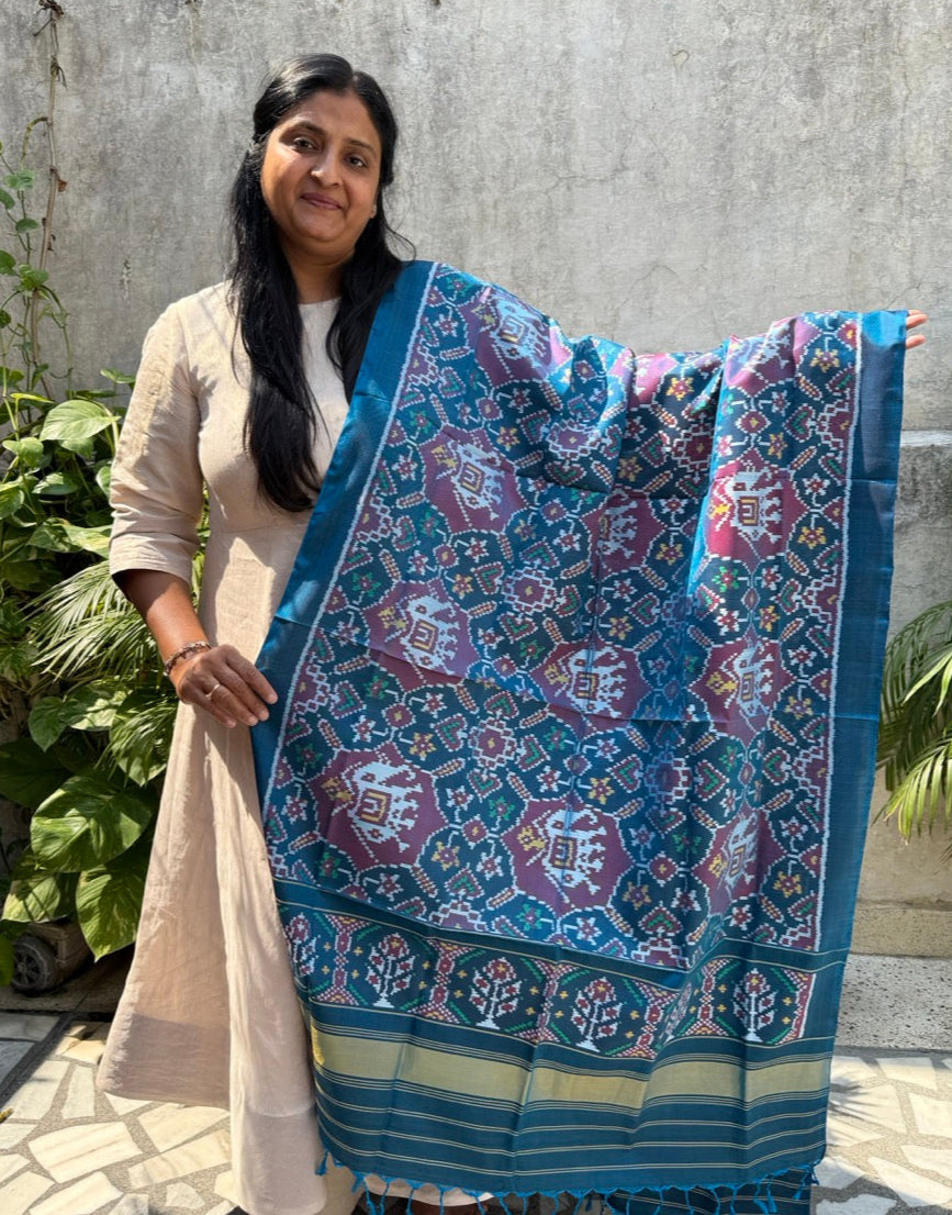 Handloom Blue and Red Mulberry Silk Ikat Patola Dupatta with Elephant Theme