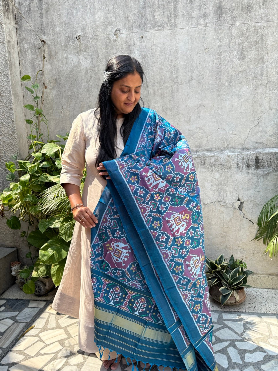 Handloom Blue and Red Mulberry Silk Ikat Patola Dupatta with Elephant Theme