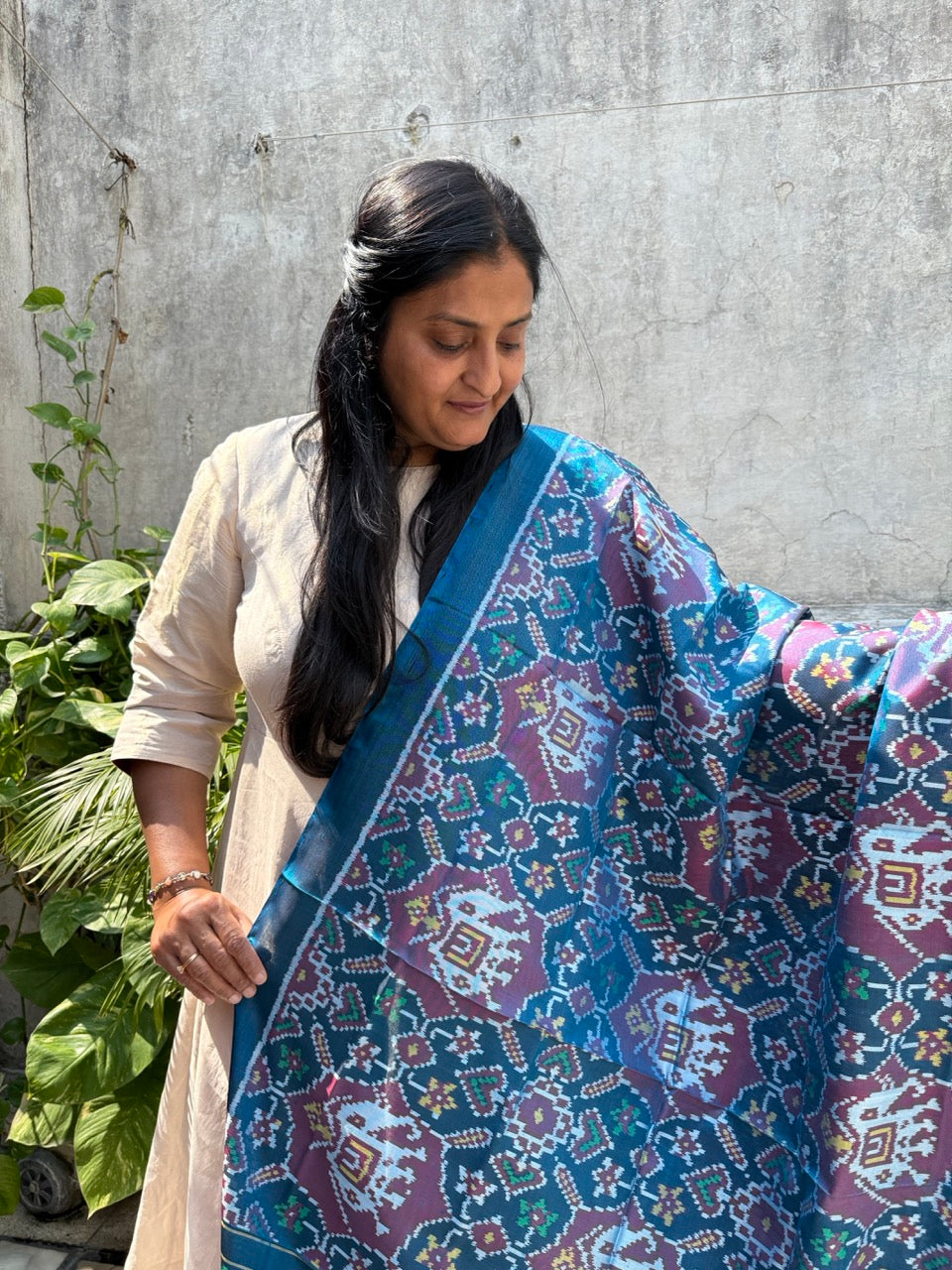 Handloom Blue and Red Mulberry Silk Ikat Patola Dupatta with Elephant Theme