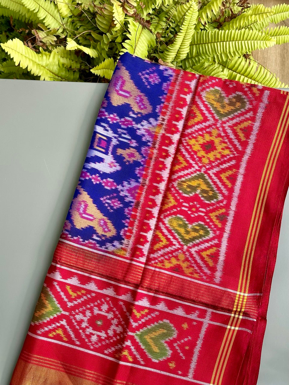 Handloom Blue and Red Mulberry Silk Ikat Patola Dupatta with Nari Kunjar Theme