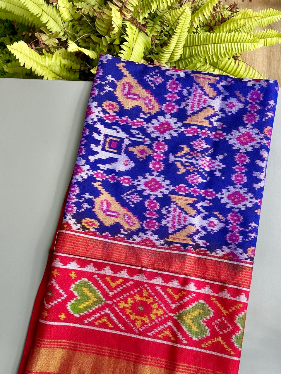 Handloom Blue and Red Mulberry Silk Ikat Patola Dupatta with Nari Kunjar Theme