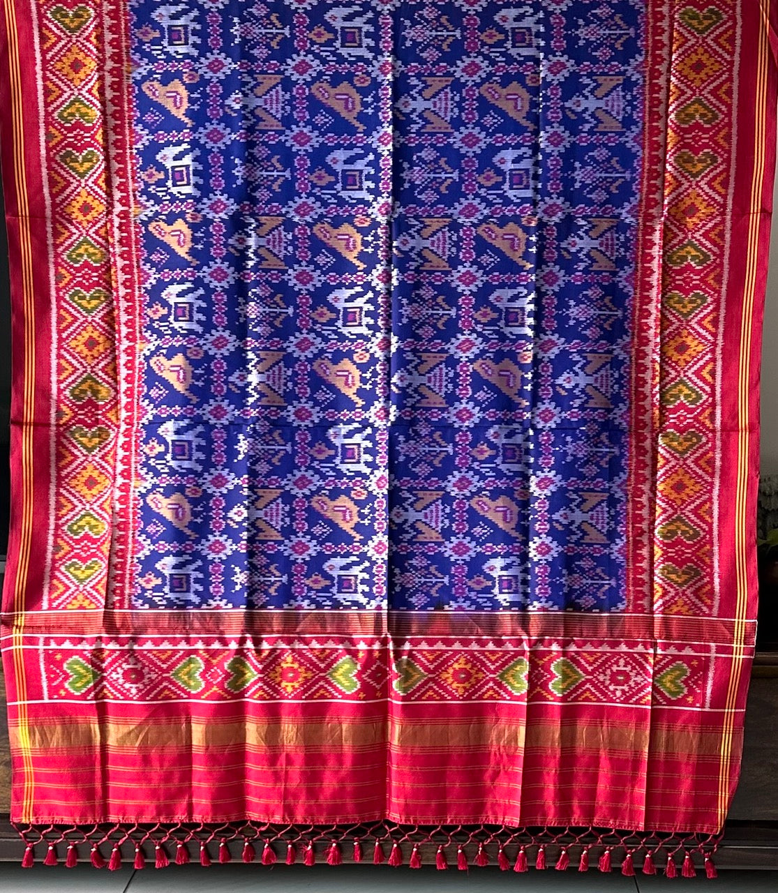 Handloom Blue and Red Mulberry Silk Ikat Patola Dupatta with Nari Kunjar Theme