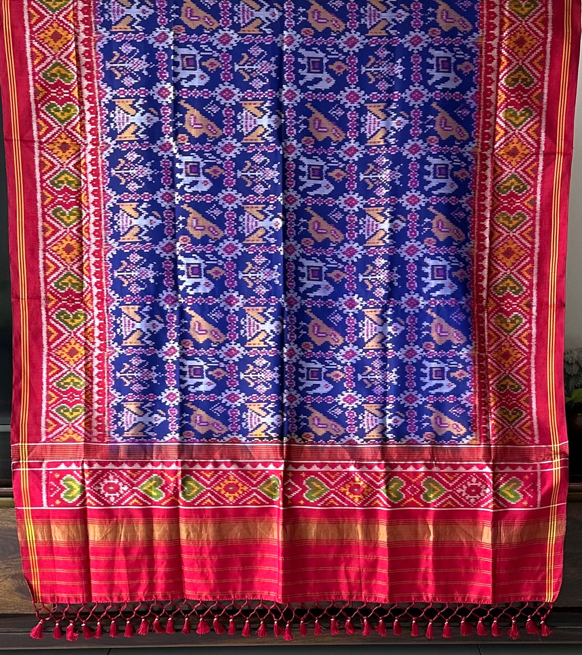 Handloom Blue and Red Mulberry Silk Ikat Patola Dupatta with Nari Kunjar Theme