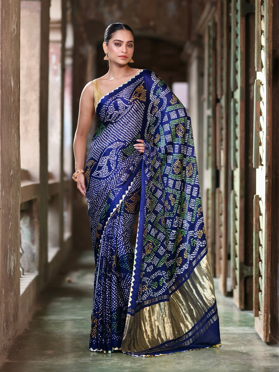 blue-yellow-green-gajji-silk-bandhani-saree