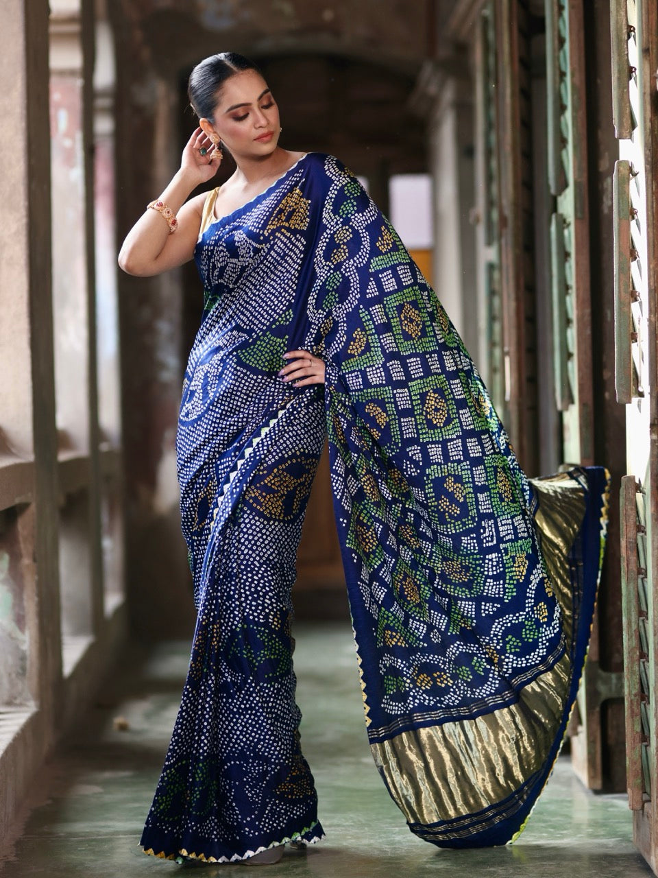 blue-yellow-green-gajji-silk-bandhani-saree
