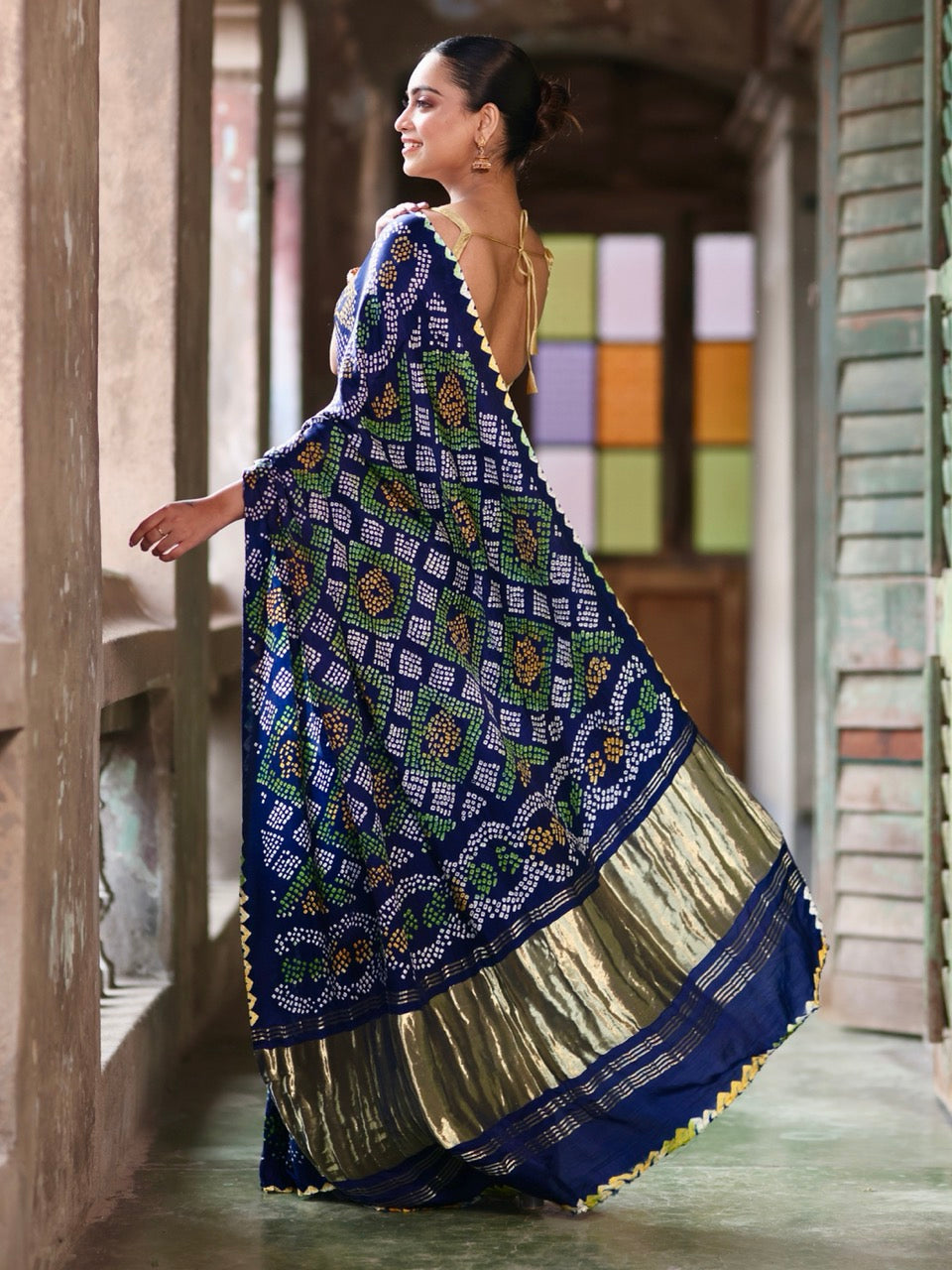 blue-yellow-green-gajji-silk-bandhani-saree