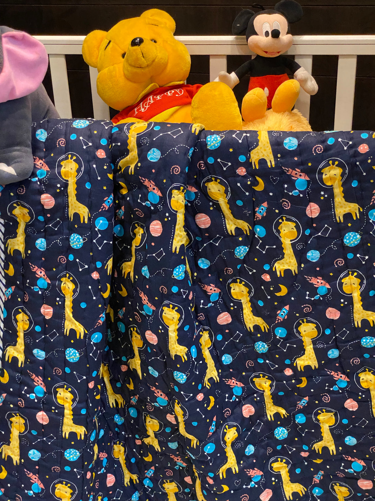 mulmul cotton toddler quilt with galaxy and giraffe print perfect for summer use in Australia and UK