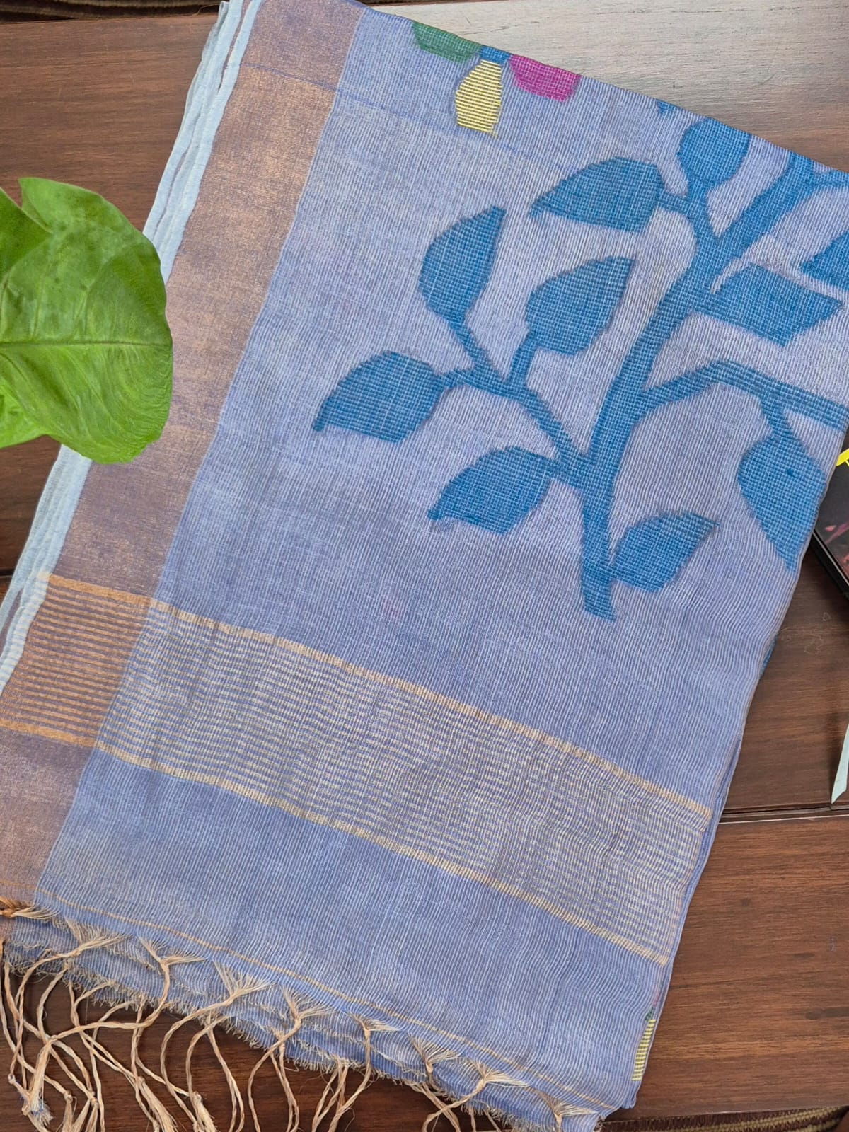 Bluish Purple Base with Blue Stems Handloom Tissue Silk Saree with Jamdani weaving