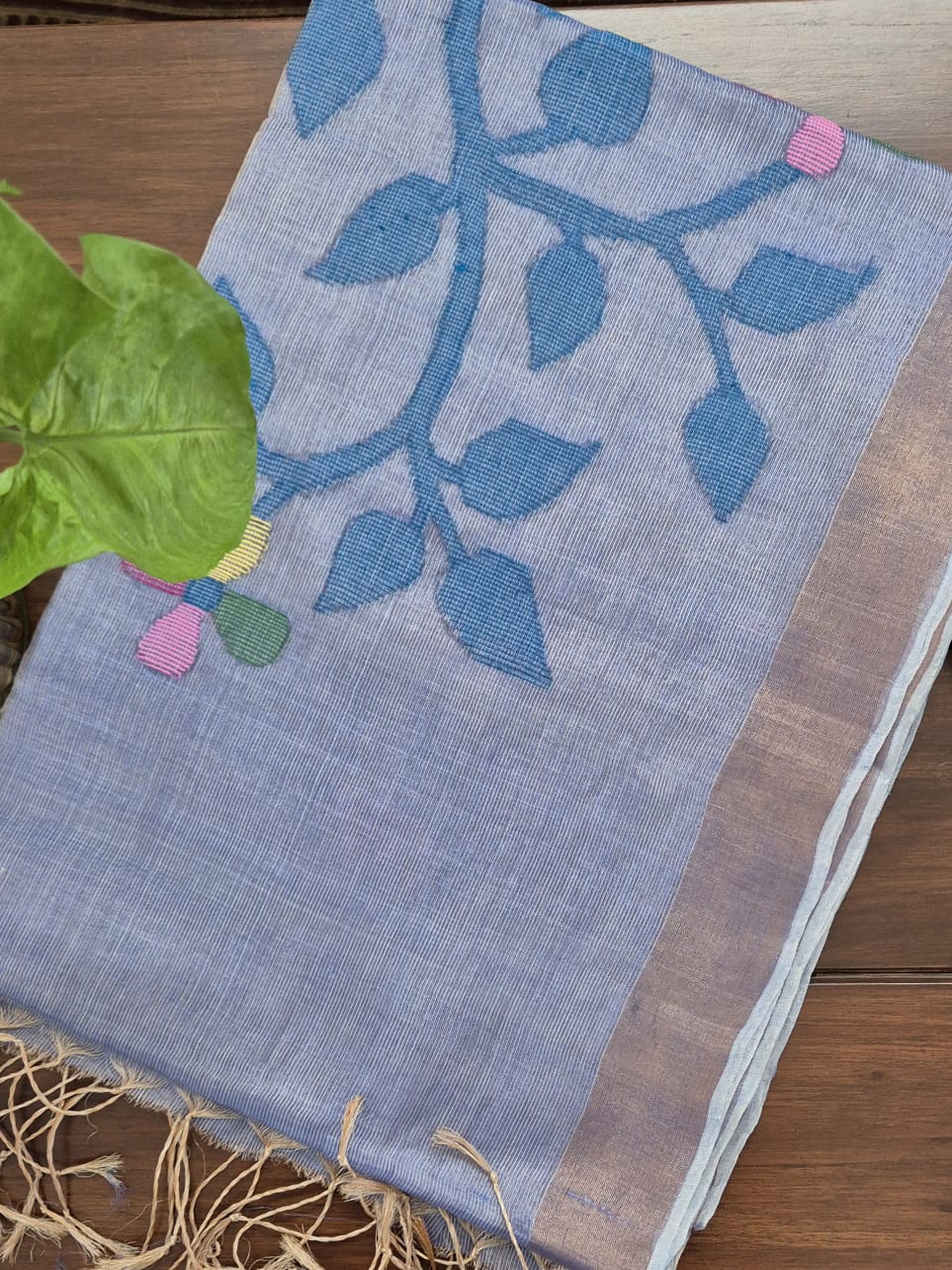 Bluish Purple Base with Blue Stems Handloom Tissue Silk Saree with Jamdani weaving